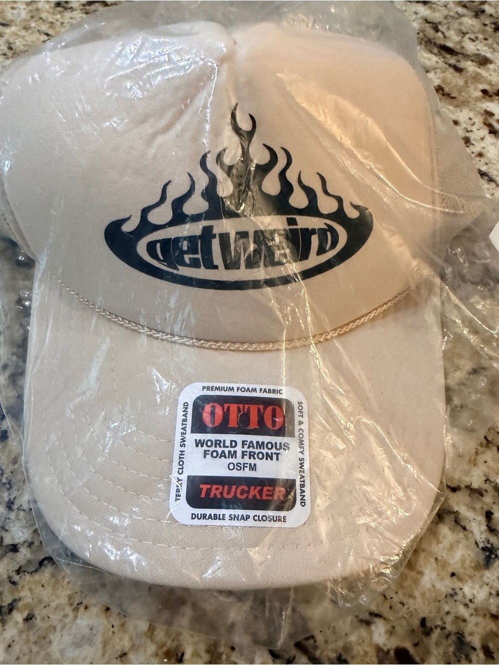 OTTO Beige Trucker Cap with Black Flame Logo